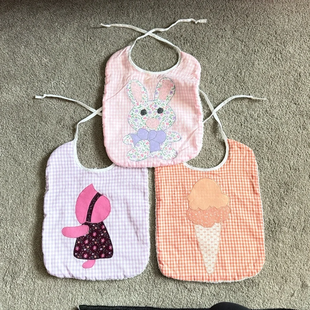 🍓Handmade Gingham Floral Girl Ice Cream Bunny Terry Cloth Tie Back Bibs (3 Pack)